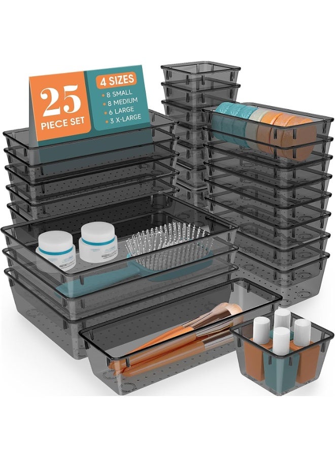 Bukela 25 PCS Clear Plastic Drawer Organizer Set, 4 Sizes Desk Drawer Divider Organizers and Storage Bins for Makeup, Jewelry, Gadgets for Kitchen, Bedroom, Bathroom, Office (Black, 25 pcs) - Image 1